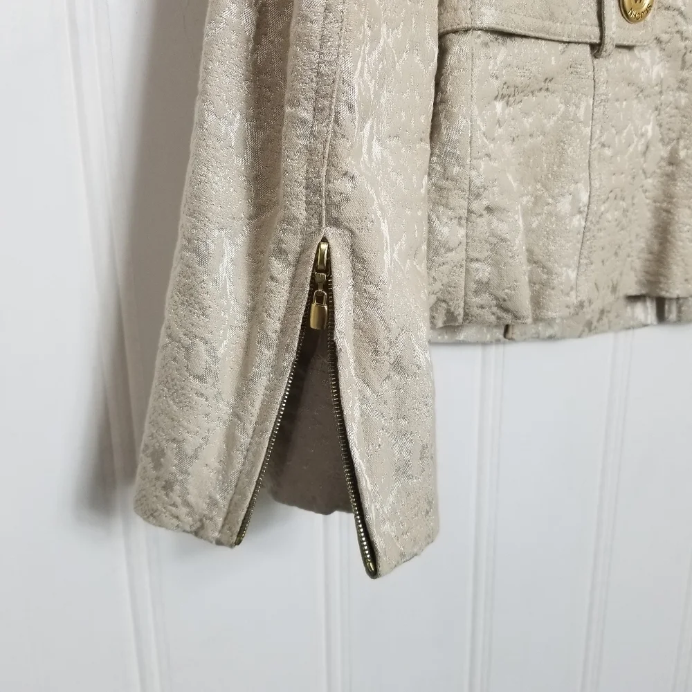 St John Evening Jacket Size 4 Champagne Metallic Brocade Gold Zip Blazer Elegant